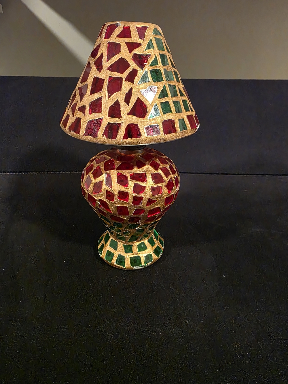 Mosaic Glass Candle Lantern Tealight Holder Red Green Gold Removable Shade
